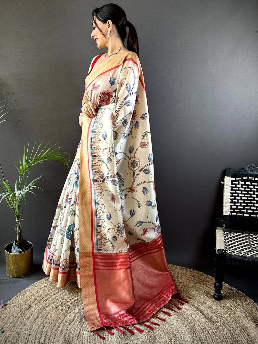 Cream Digital Kalamkari Printed Tussar Silk Saree