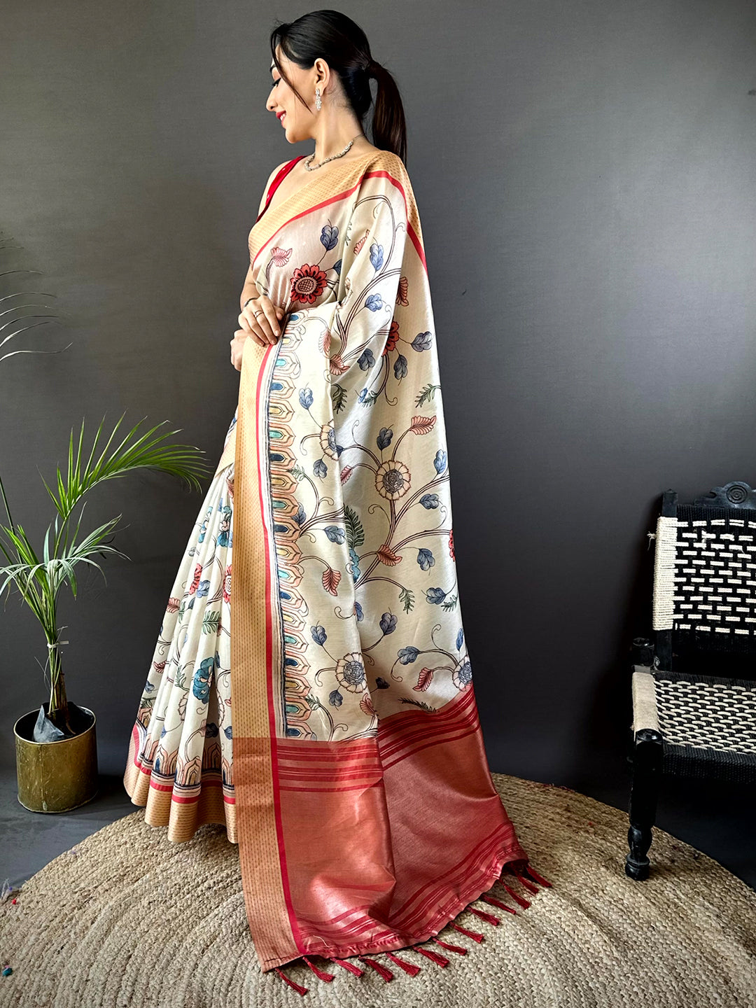 Cream Digital Kalamkari Printed Tussar Silk Saree