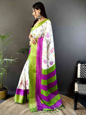 Green Dola Silk Bird Print Saree