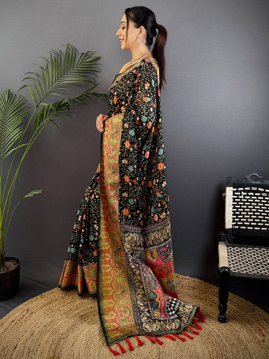 Black Aari Pashmina Print Linen Saree