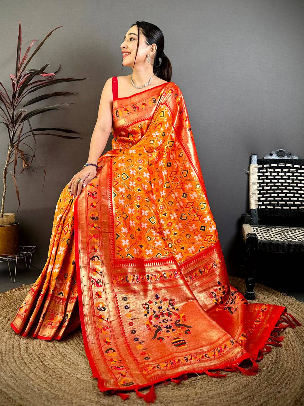 Orange Patola Silk Zari Weaving Saree