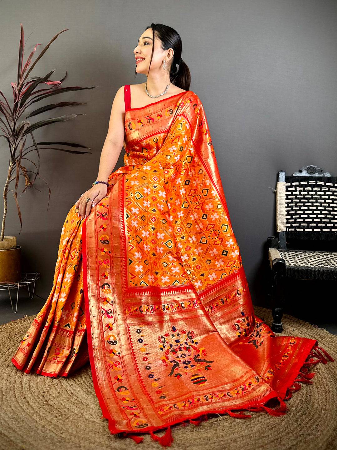 Orange Patola Silk Zari Weaving Saree