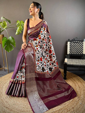 Wine Floral Peacock Fusion Saree
