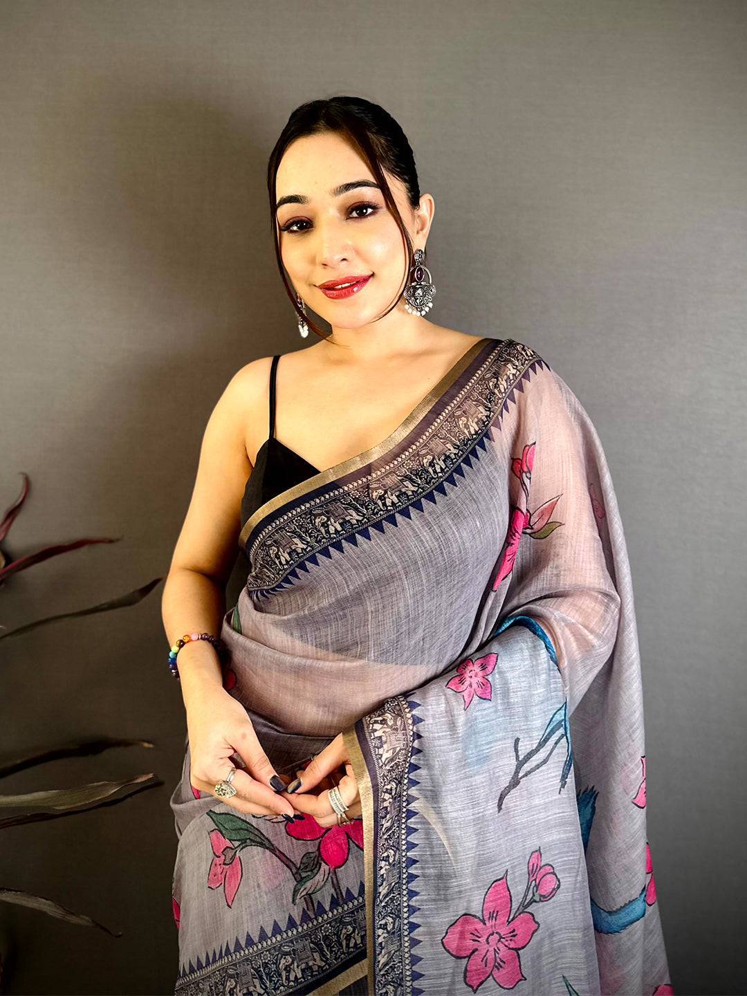 Artistic Linen Floral Kalamkari Saree