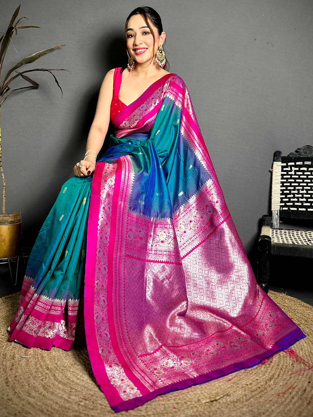 Gold Zari Woven Teal Soft Silk Saree