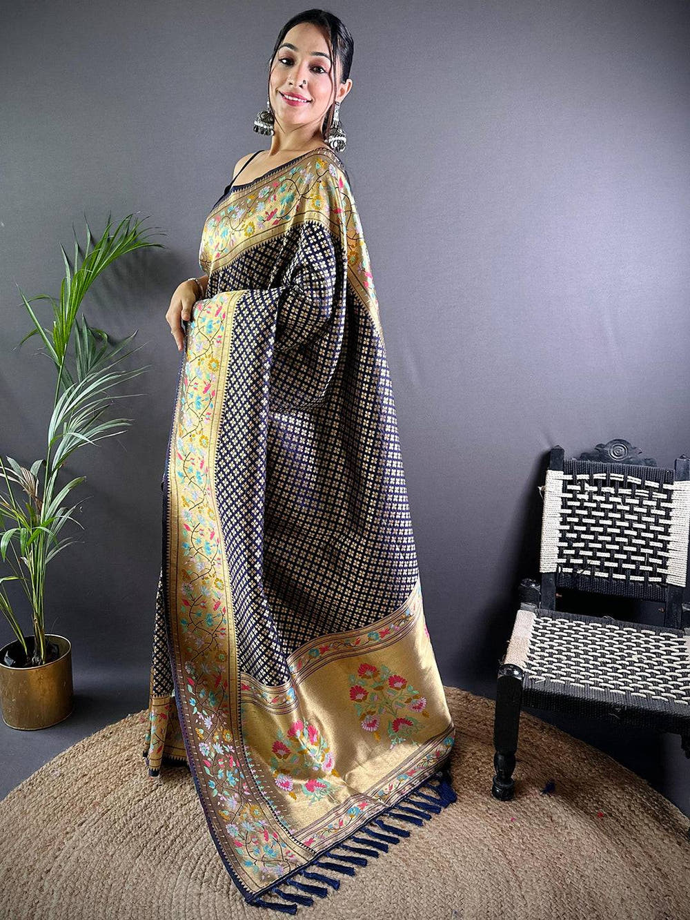 Navy Banarasi Mina Kari Katan Silk Saree