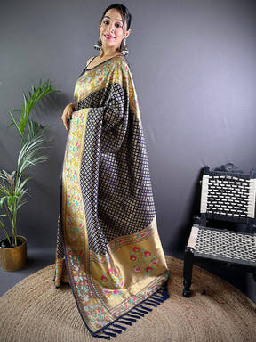Navy Banarasi Mina Kari Katan Silk Saree