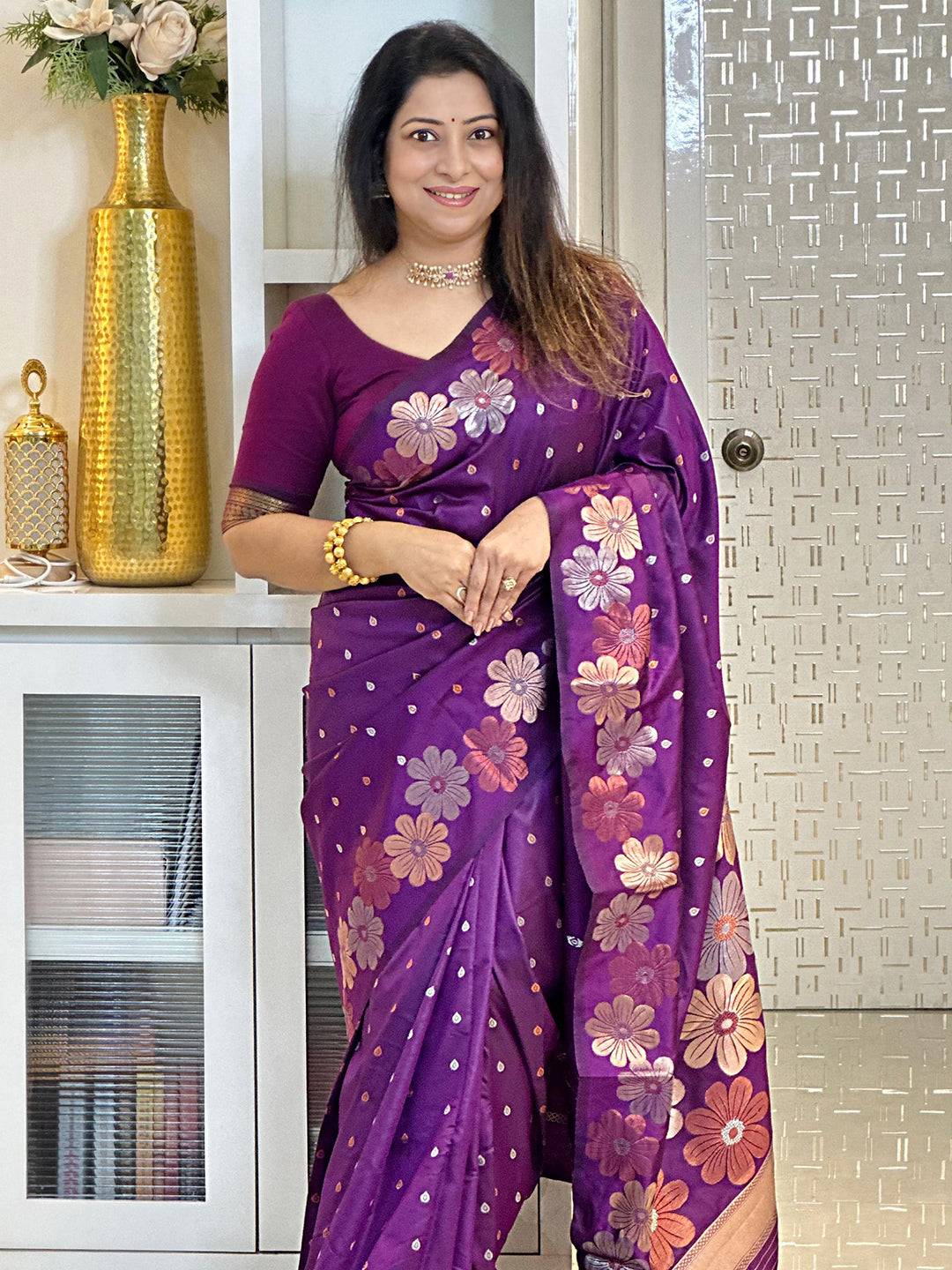 Wine soft silk saree with floral zari design