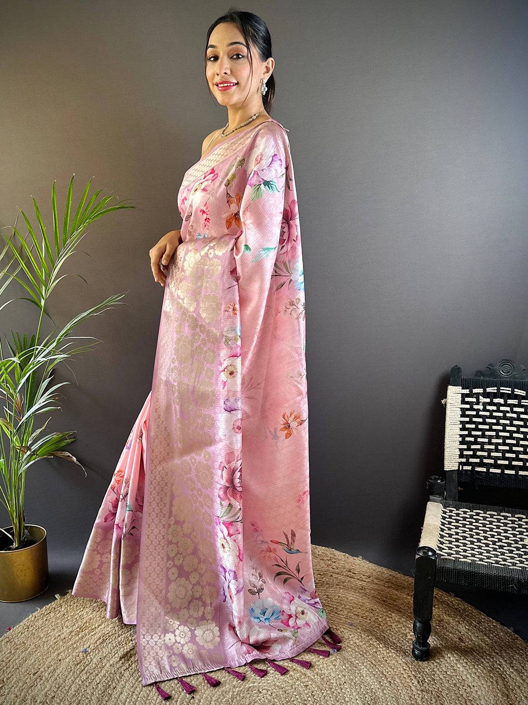 Rose Pink Kota Doriya Zari Floral Kanchi Border Saree