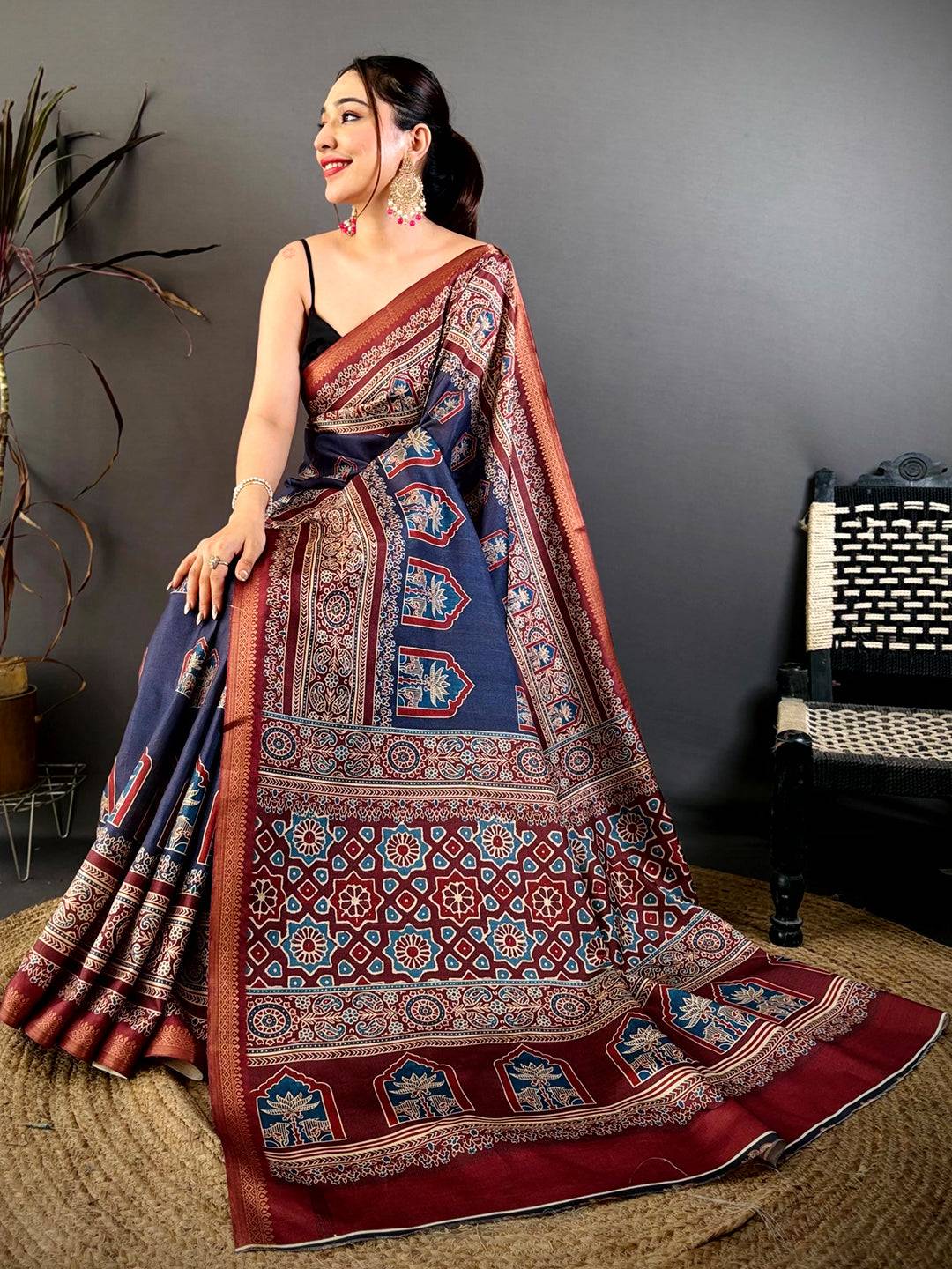 Vibrant Block Ajrakh Print Soft Tussar Saree

