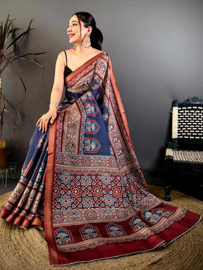 Vibrant Block Ajrakh Print Soft Tussar Saree

