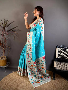 Sky Blue Soft Tussar Pichwai Print Saree