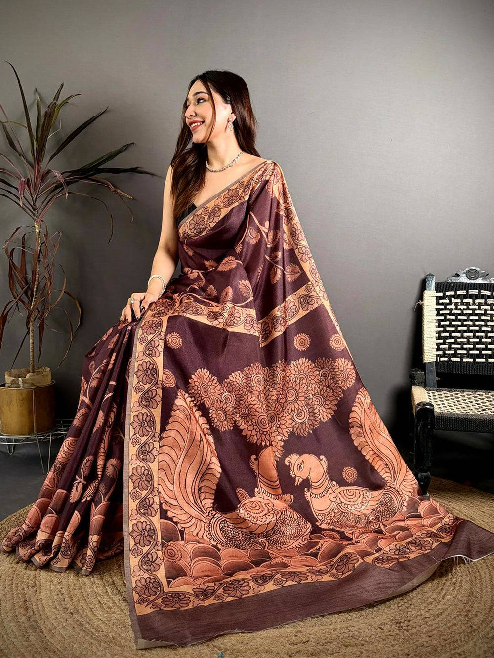 Brown Soft Tussar Kalamkari Print Saree
