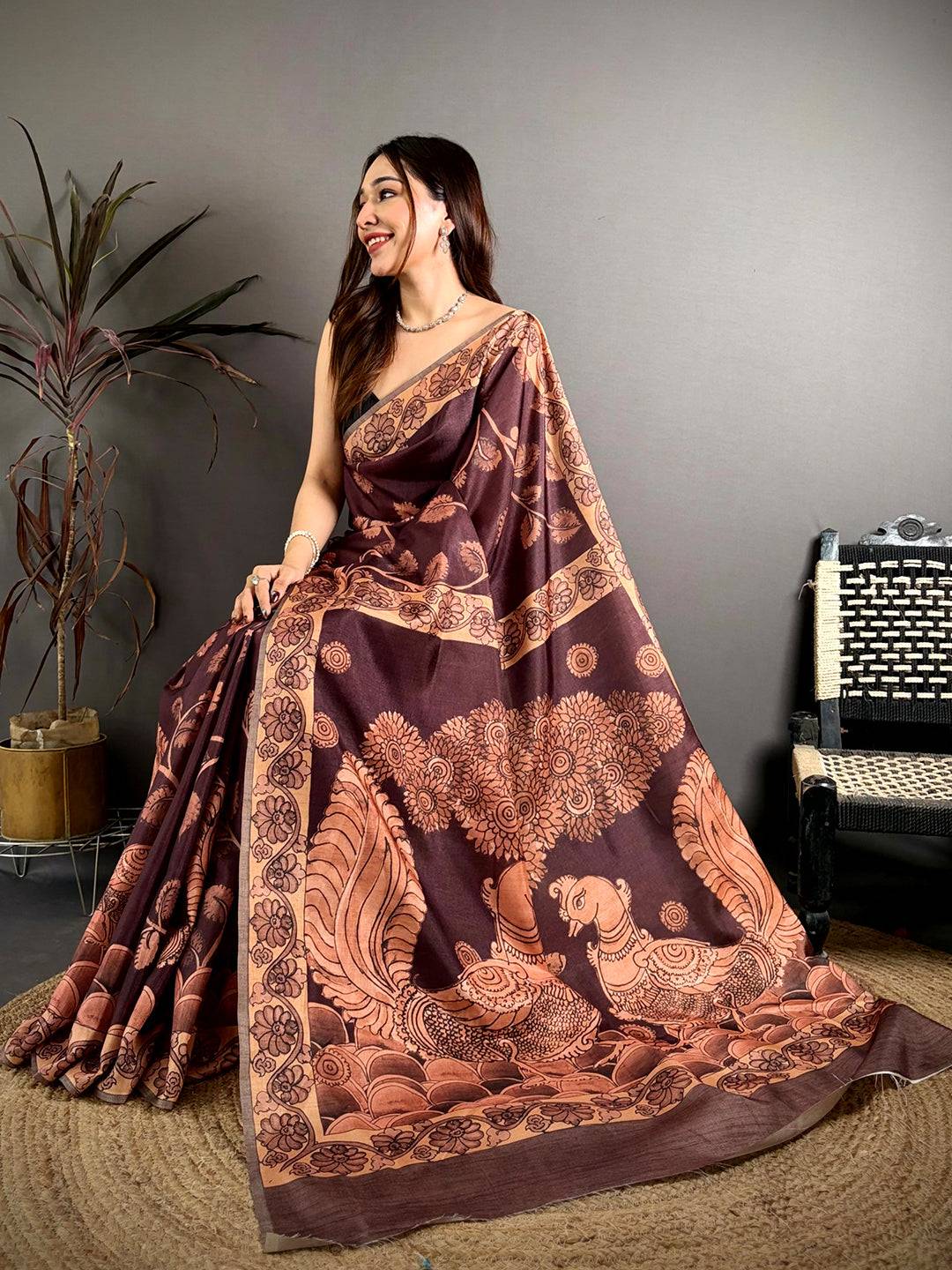 Brown Soft Tussar Kalamkari Print Saree