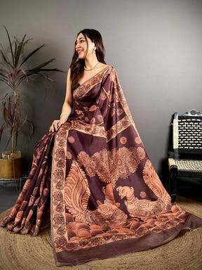 Brown Soft Tussar Kalamkari Print Saree