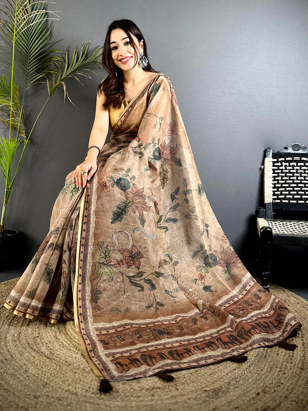 Stylish Dark Floral Linen Saree