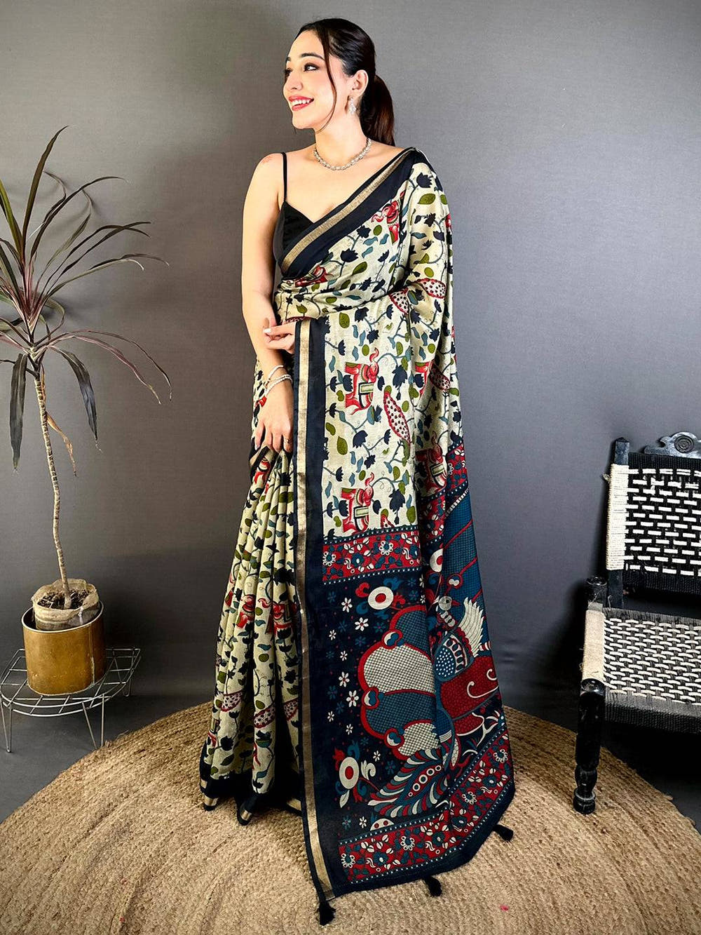 Classic Mul Cotton Elephant Kalamkari Print Saree