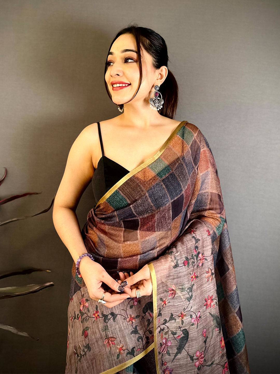 Opulent Multicolor Block Print Linen Saree