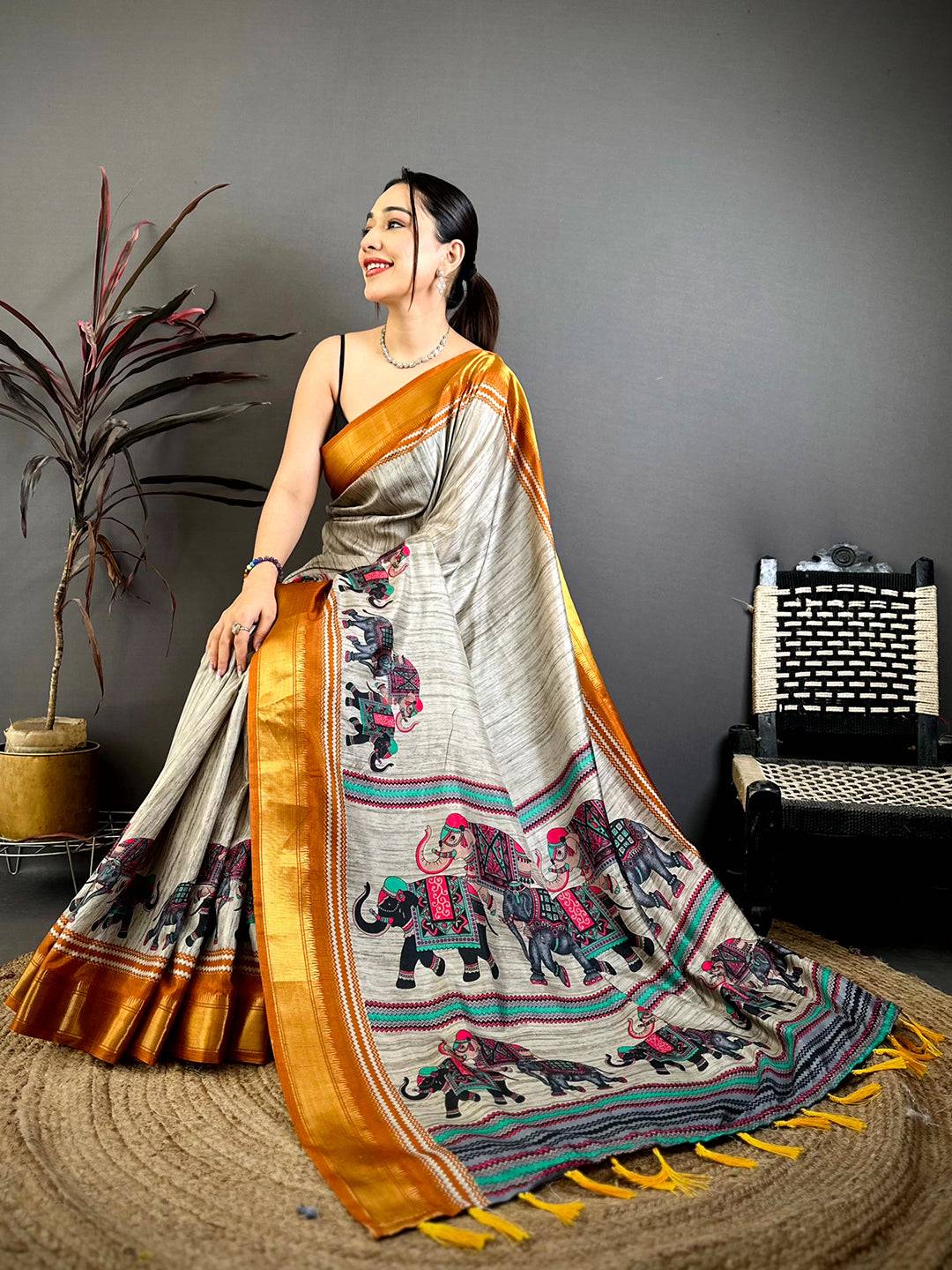 Vibrant Block Print Dola Silk Saree
