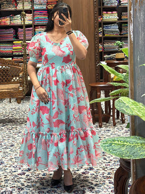 Elegant Ocean Blue Abstract Print Dress on display