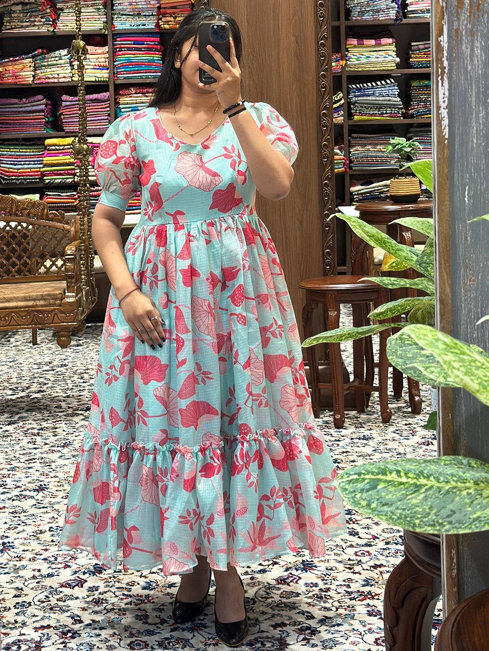 Elegant Ocean Blue Abstract Print Dress on display