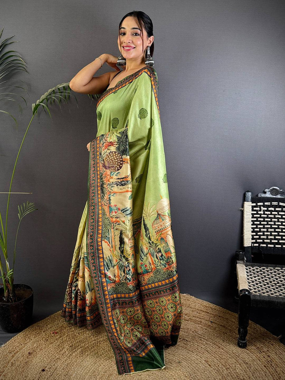 Olive Soft Dola Silk Printed Saree