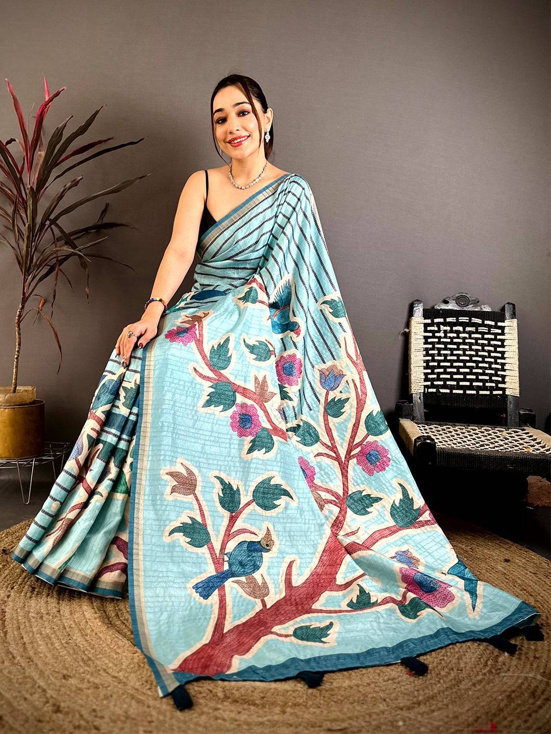 Sky Blue Tussar Ghicha Floral Bird Saree