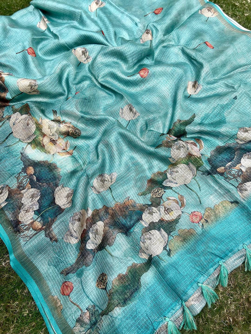 Turquoise Soft Kota Doriya Silk Saree With Flower Print