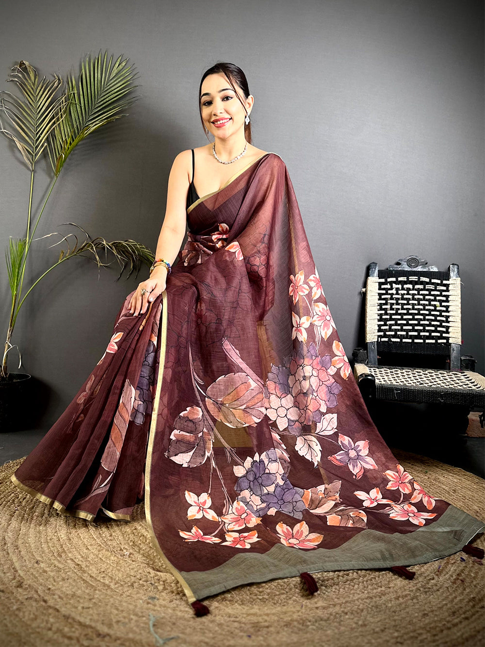 Classic Wine Floral Linen Saree