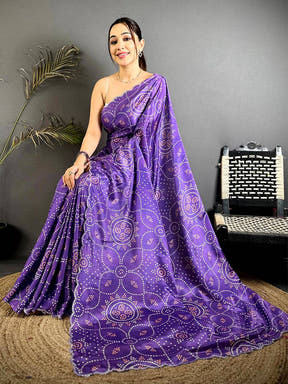 Purple Bandhej Chiffon Stone Work Saree