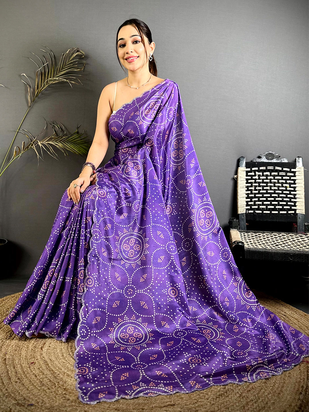 Purple Bandhej Chiffon Swarovski Saree
