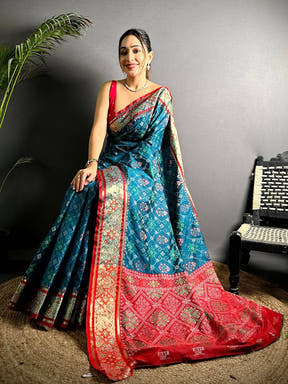 Denim Blue Pochampally Patola Soft Silk Saree

