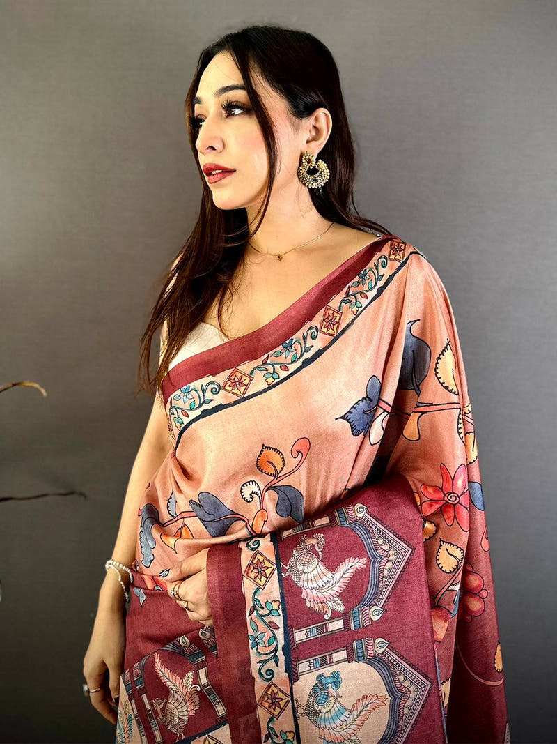 Stylish Tussar Floral Bird Print Saree