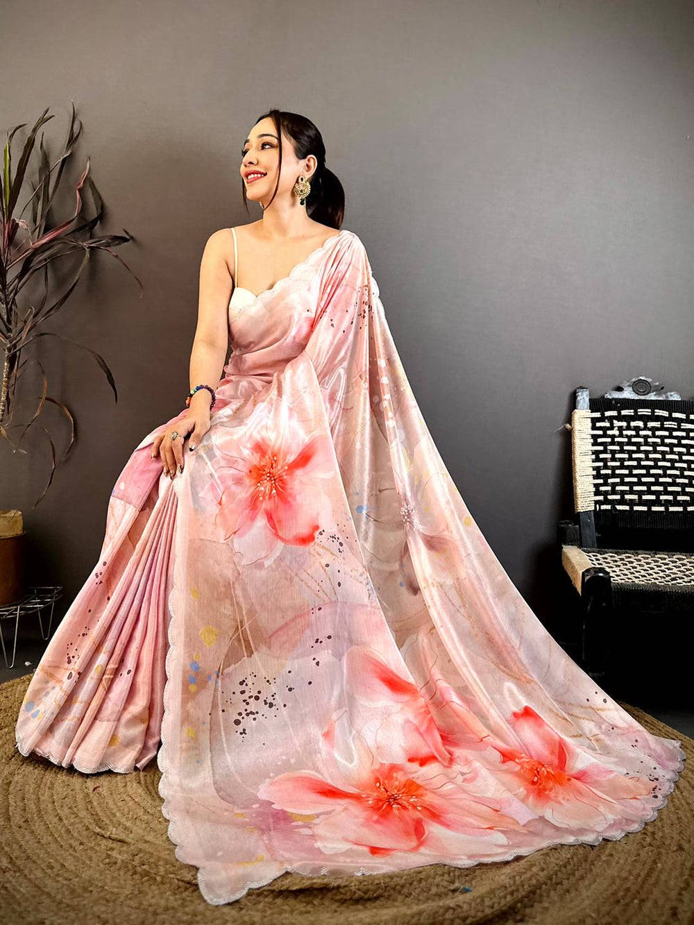 Elegant Peach Floral Soft Chiffon Saree