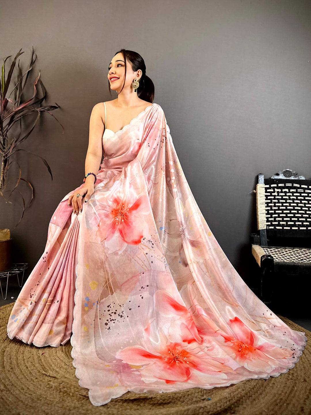 Elegant Peach Floral Soft Chiffon Saree
