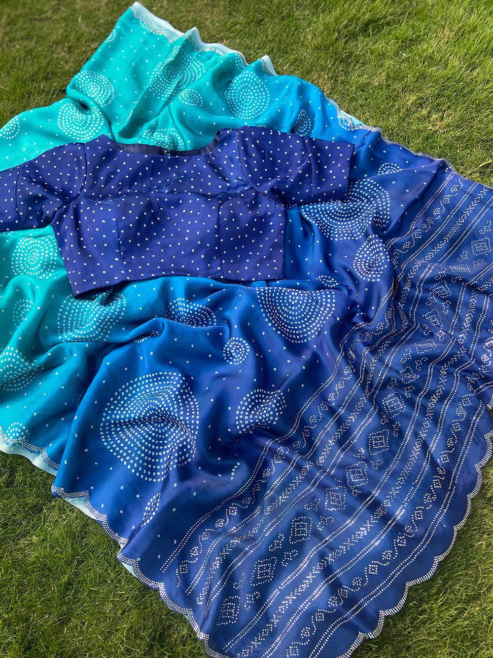 Georgette Silk Saree with Ombre Bandhej Print & Stone Work