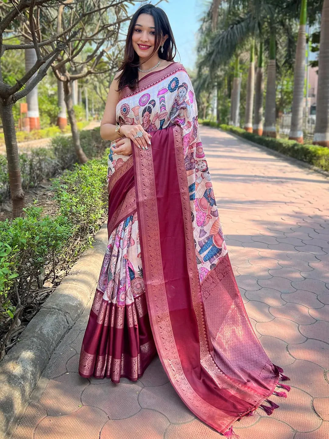 Elegant woman in Banarasi silk saree with intricate design