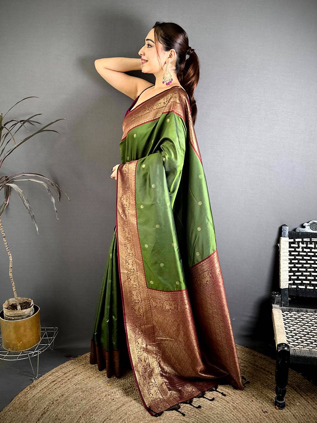 Olive Soft Silk Kanchi Zari Border Saree