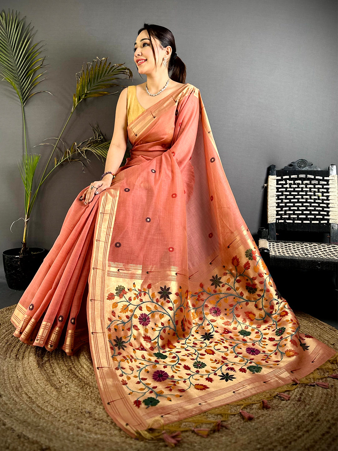 Aura Pink Minakari Butti Linen Saree