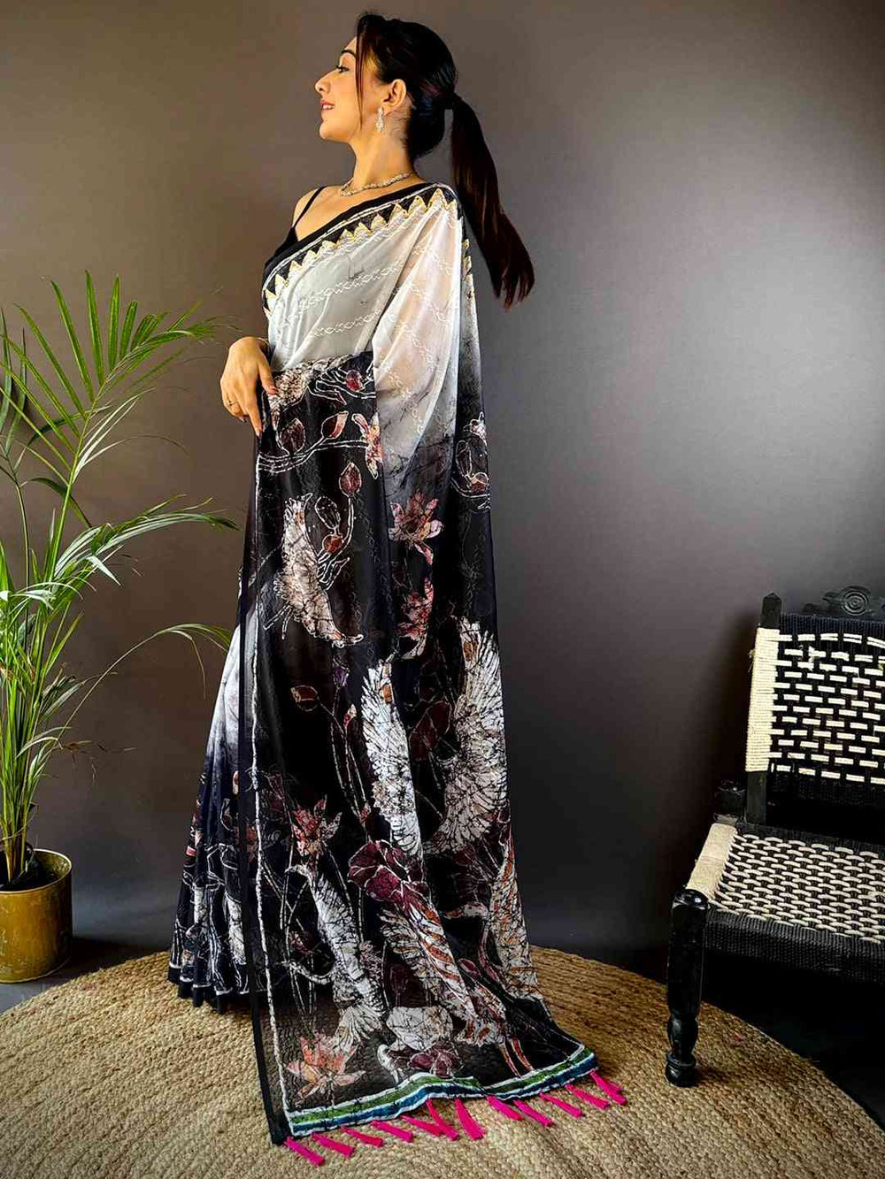 White Georgette Batik Printed Saree