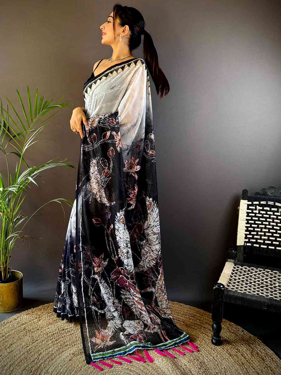 White Georgette Batik Printed Saree