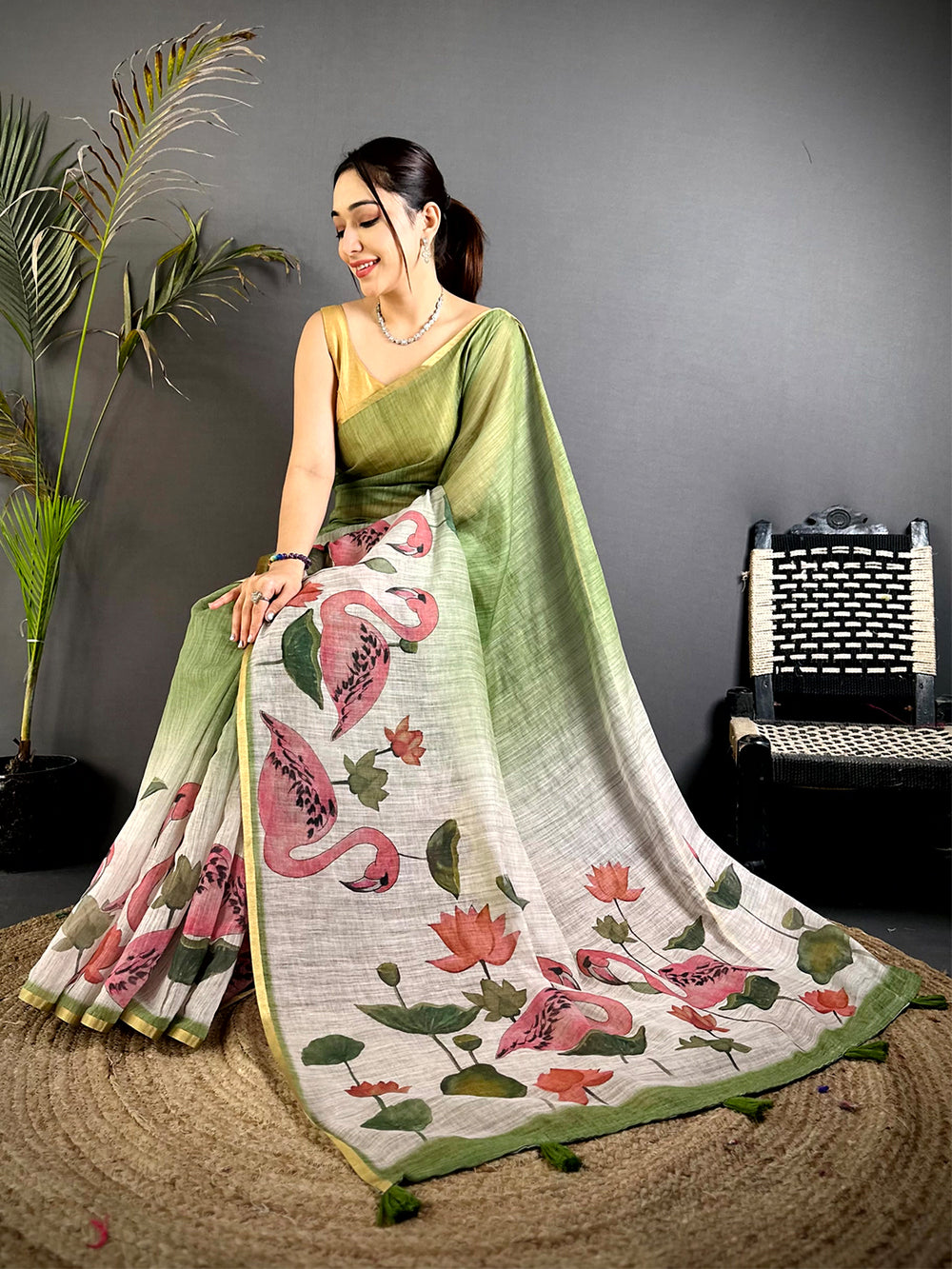 Green Swan Gold Zari Linen Saree