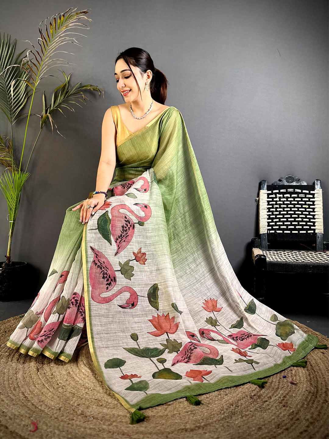Green Swan Gold Zari Linen Saree