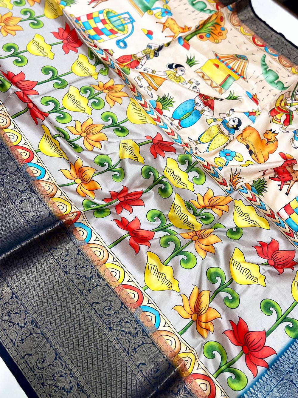 Light Grey Kalamkari Digital Prints Saree
