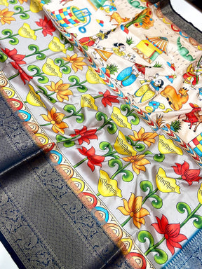 Light Grey Kalamkari Digital Prints Saree