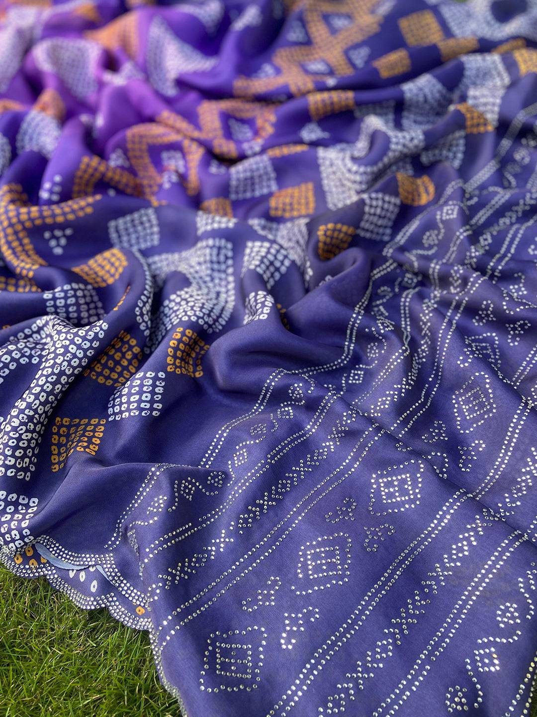 Georgette Silk Saree with Ombre Bandhej Print & Stone Work