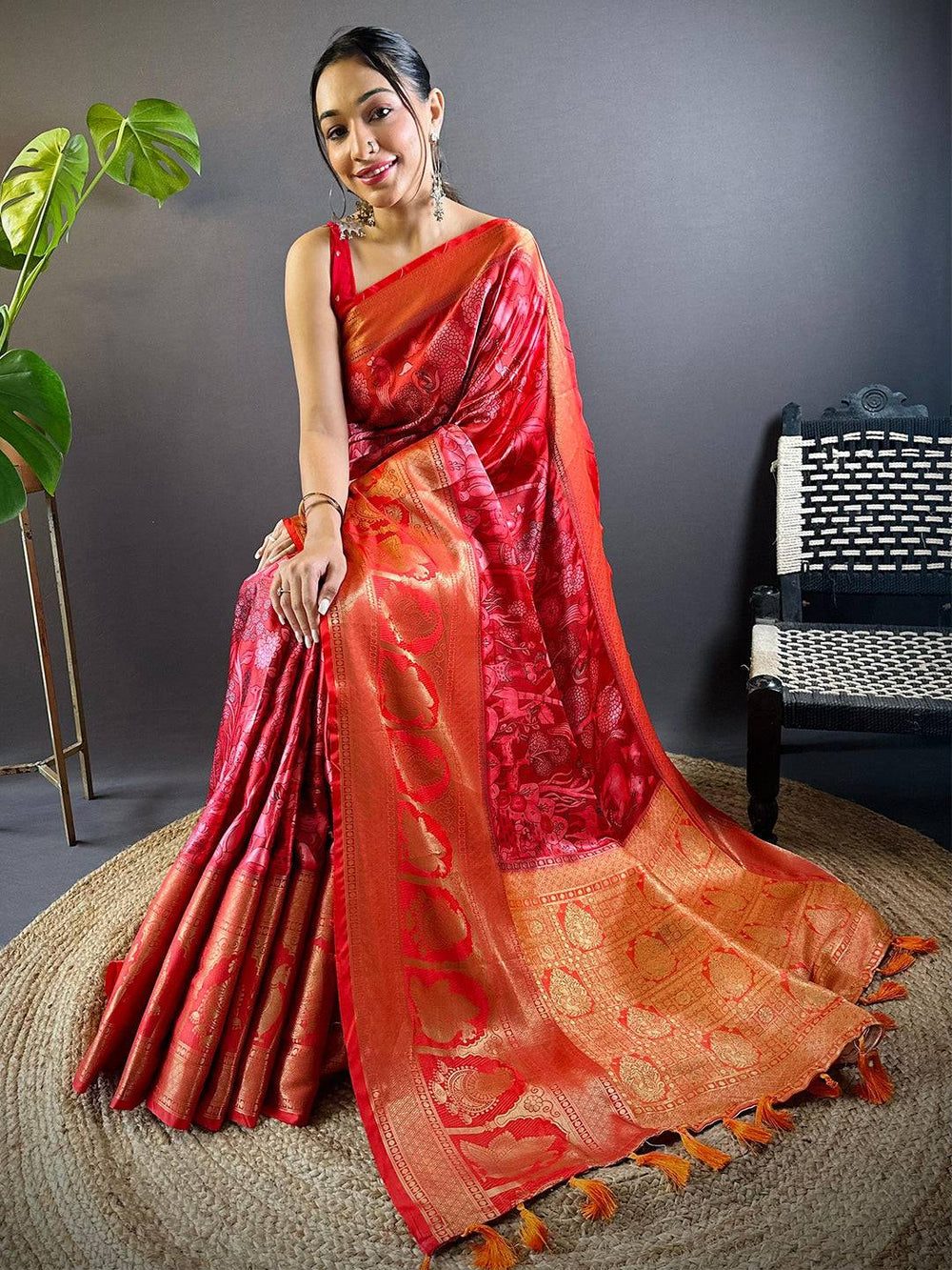 Red Charry Satin Floral Saree
