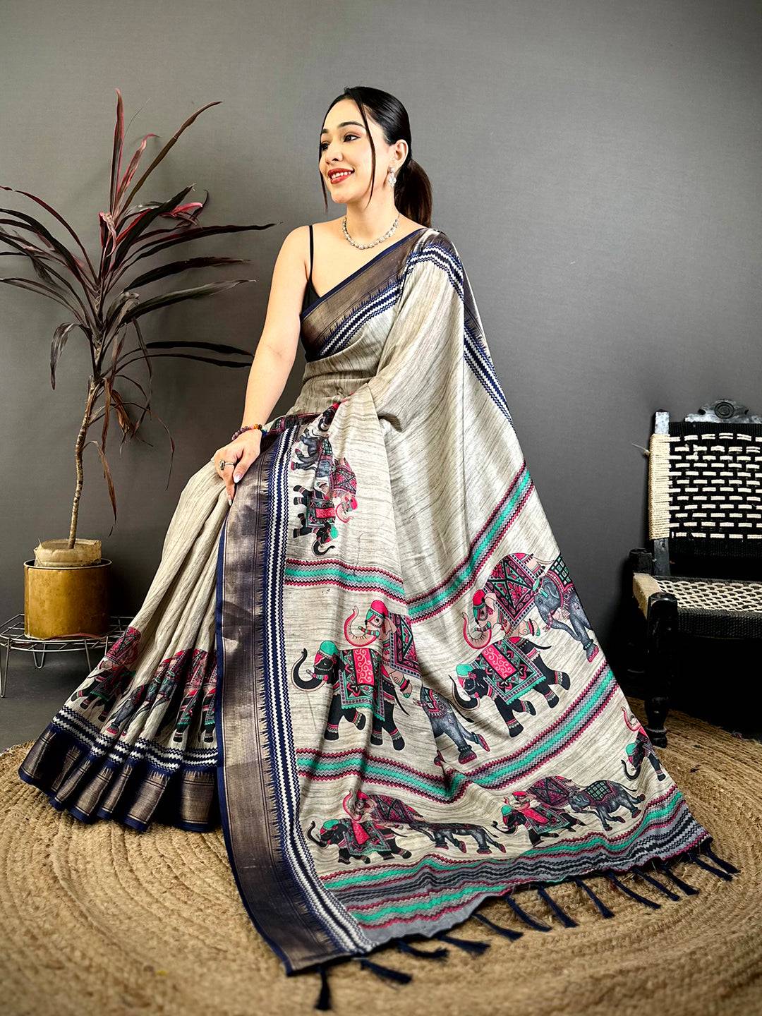 Stylish Block Print Dola Silk Saree