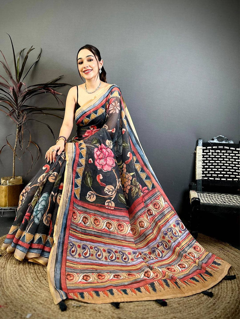Black Free Hand Floral Linen Saree
