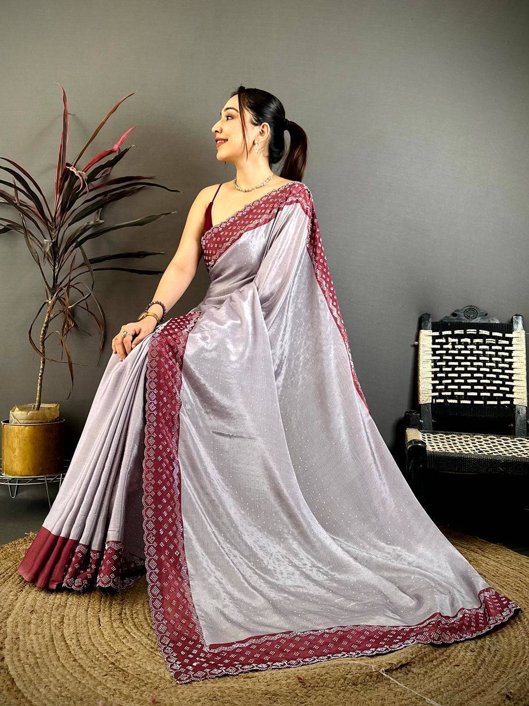 Grey Poly Chiffon Diamond Stone Work Saree
